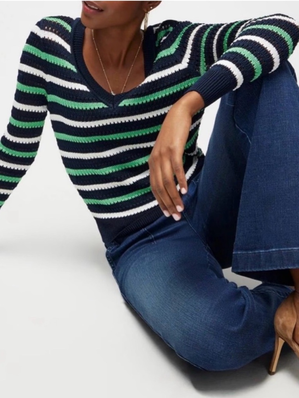 White House Black Market Navy, White & Green Striped Knit sweater